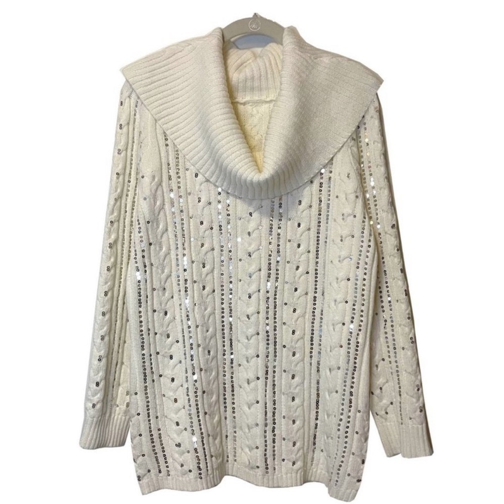 Midnight Velvet Ivory Cowl Neck Sweater‎ with sequin sparkle detail Sz-L. I9